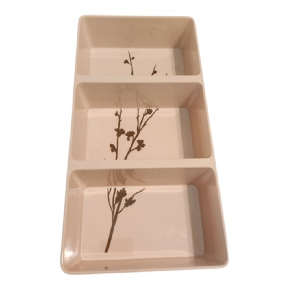 Melamine 3 Section Divided Serving Tray Cream Brown Botanical Branch‎ 12x6x2 - Picture 3 of 6